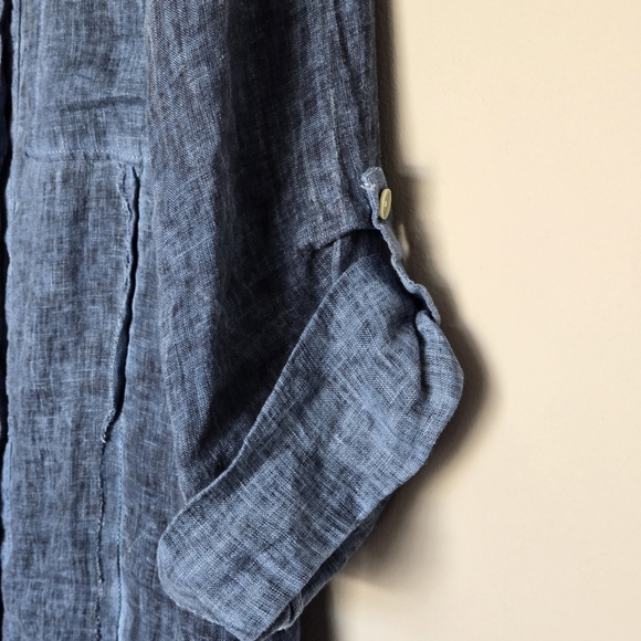 MILIO MILANO 100% Linen Roll Tab Sleeves Lagenlook Boho Blue Button-Up Shirt M - Picture 3 of 8